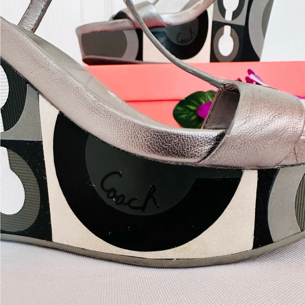 COACH ~ Chic Silver Adjustable Velcro Straps Wedge Sandals w/ Coach Logo size 7